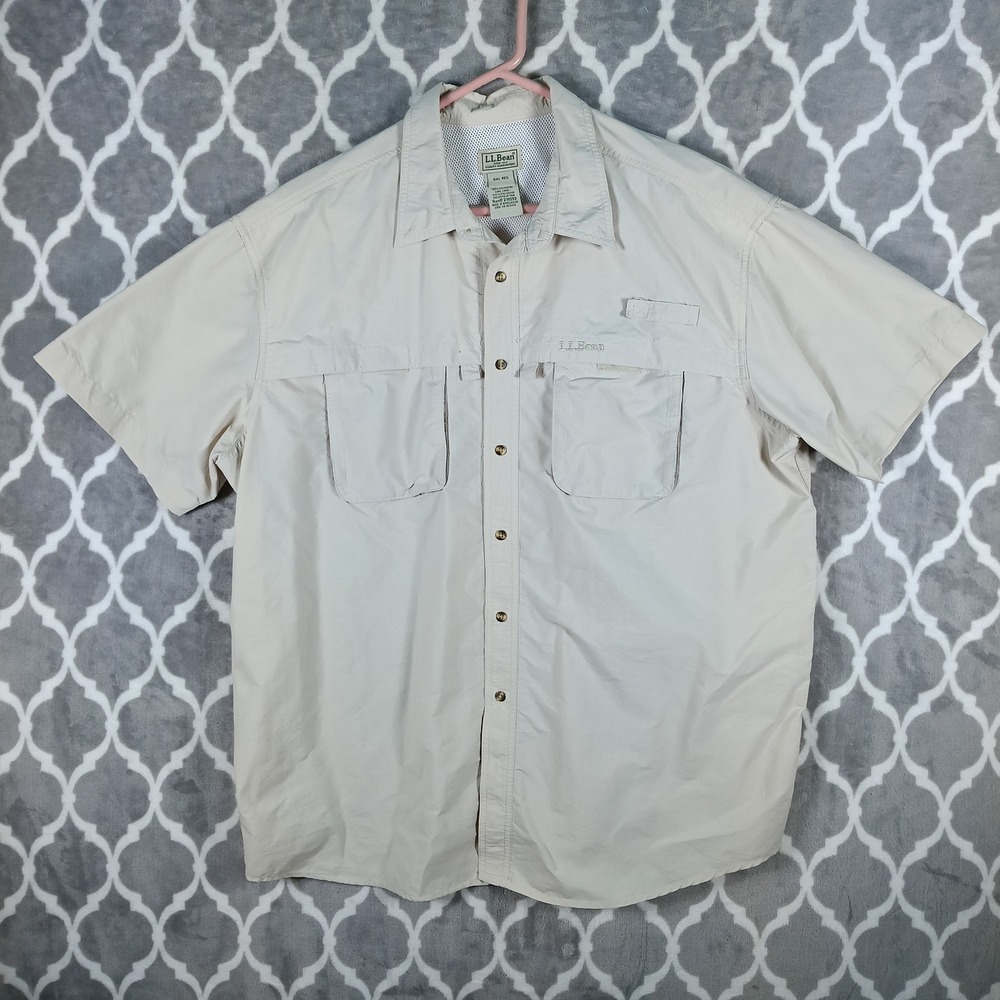LL Bean Fishing Shirt Mens XXL Beige Short Sleeve Vented Utility Button Up Guide